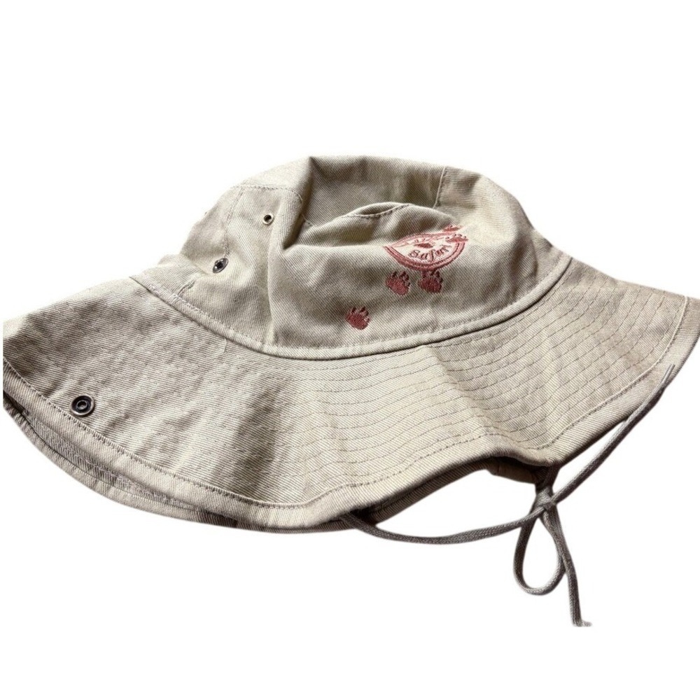 Kids Tan Safari Sun Hat Wide Brim Chin Strap Paw Print Embroidery Khaki Size 7.5